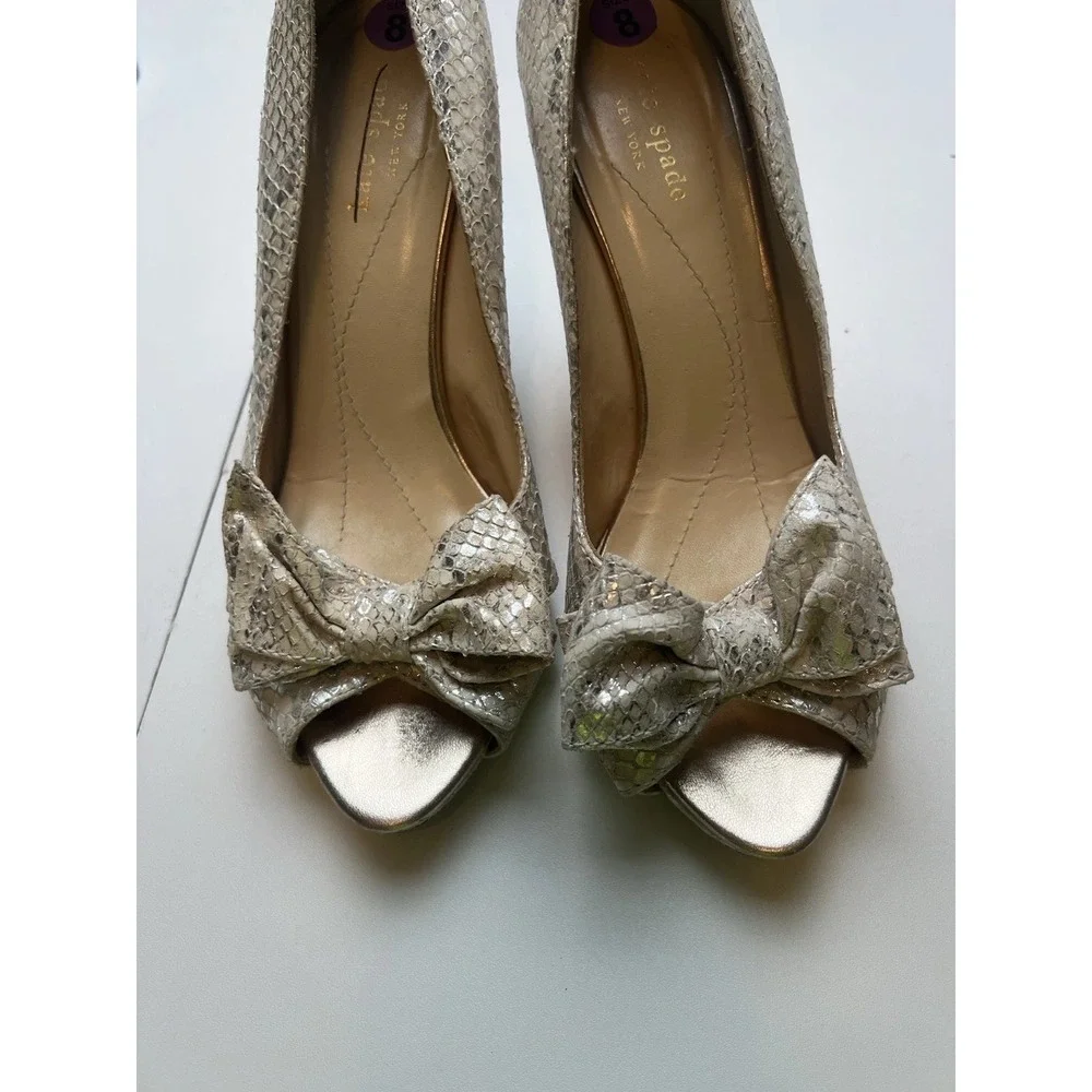 Kate Spade Peep Toe Pumps Women Leather Snakeskin Bow Heels Silver Cream 8B